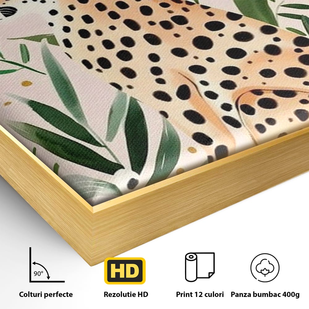Detaliu al suprafetei: tablou canvas cu leopard si frunze tropicale, in rama de aluminiu auriu
